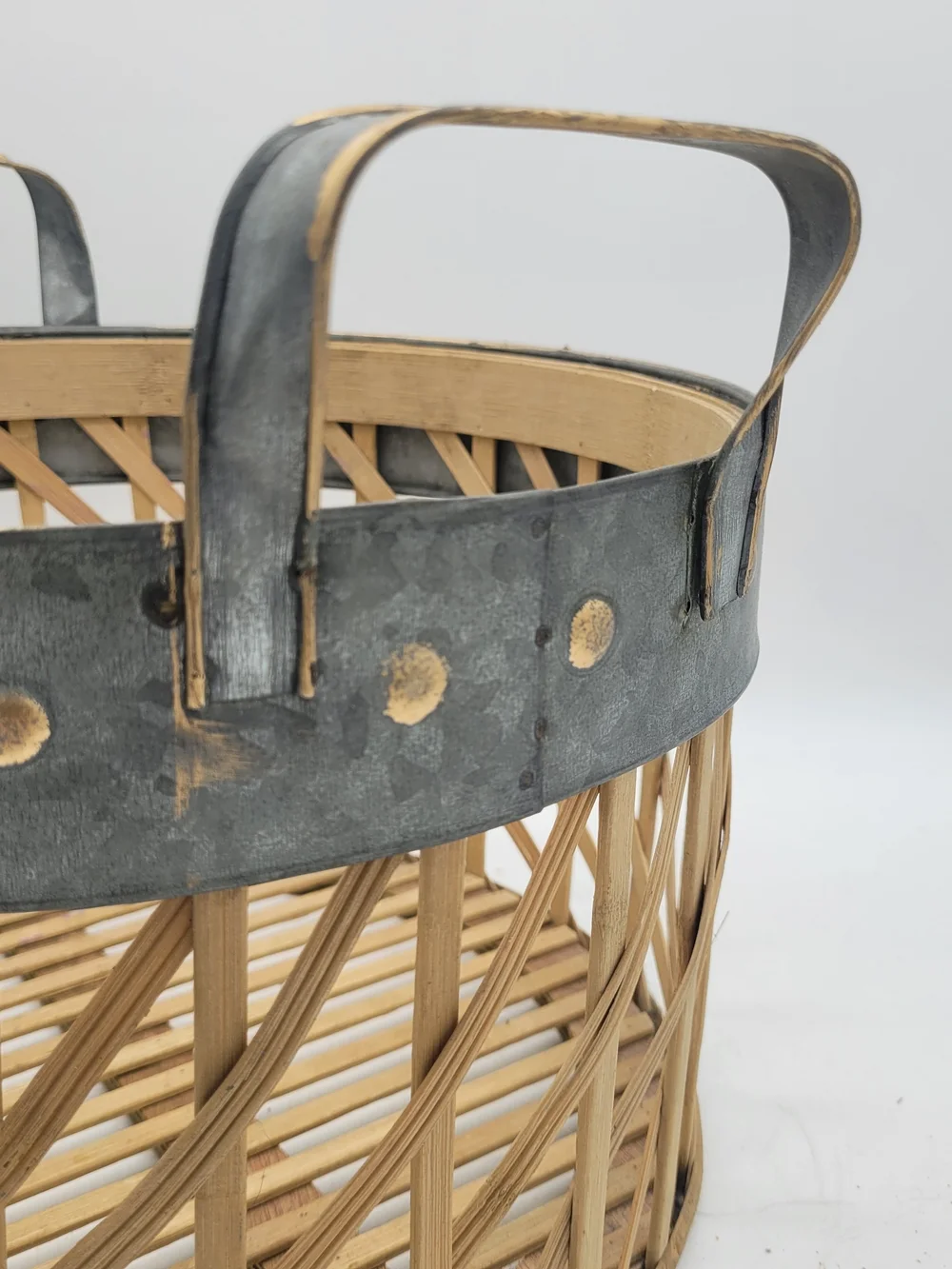 Round Woven Bamboo Basket Galvanized Metal Handles +Trim Farmhouse Style Damaged